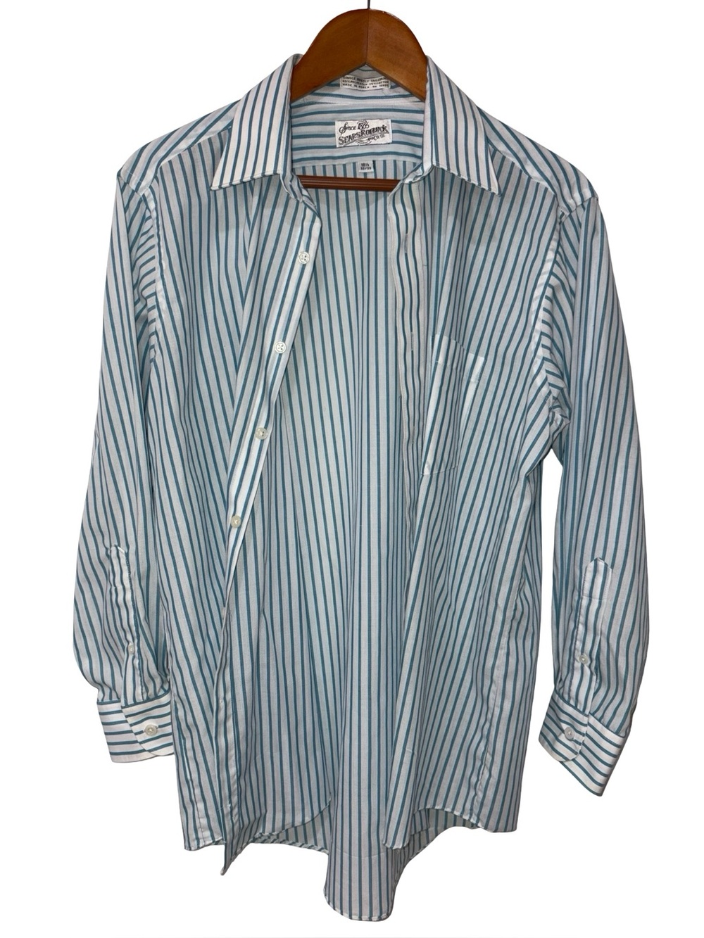 Vintage Sears Roebuck Blue & White Striped Dress Shirt 16.5 32/33 Coastal - Picture 3 of 6